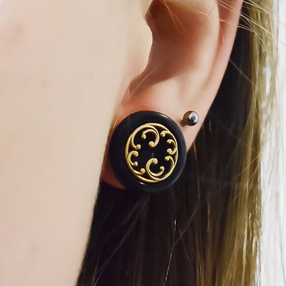 Gothic Baroque Black and Gold Stud Earrings - Picture 5 of 6